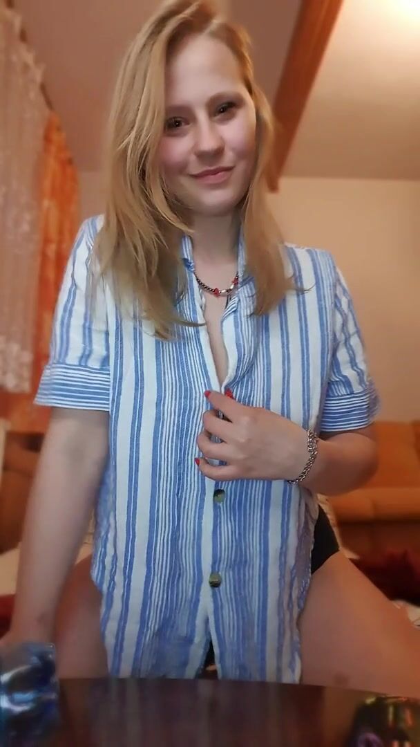 I slowly unbutton my shirt and play with my big boobs for a while and do bouncing, bouncing. Heh